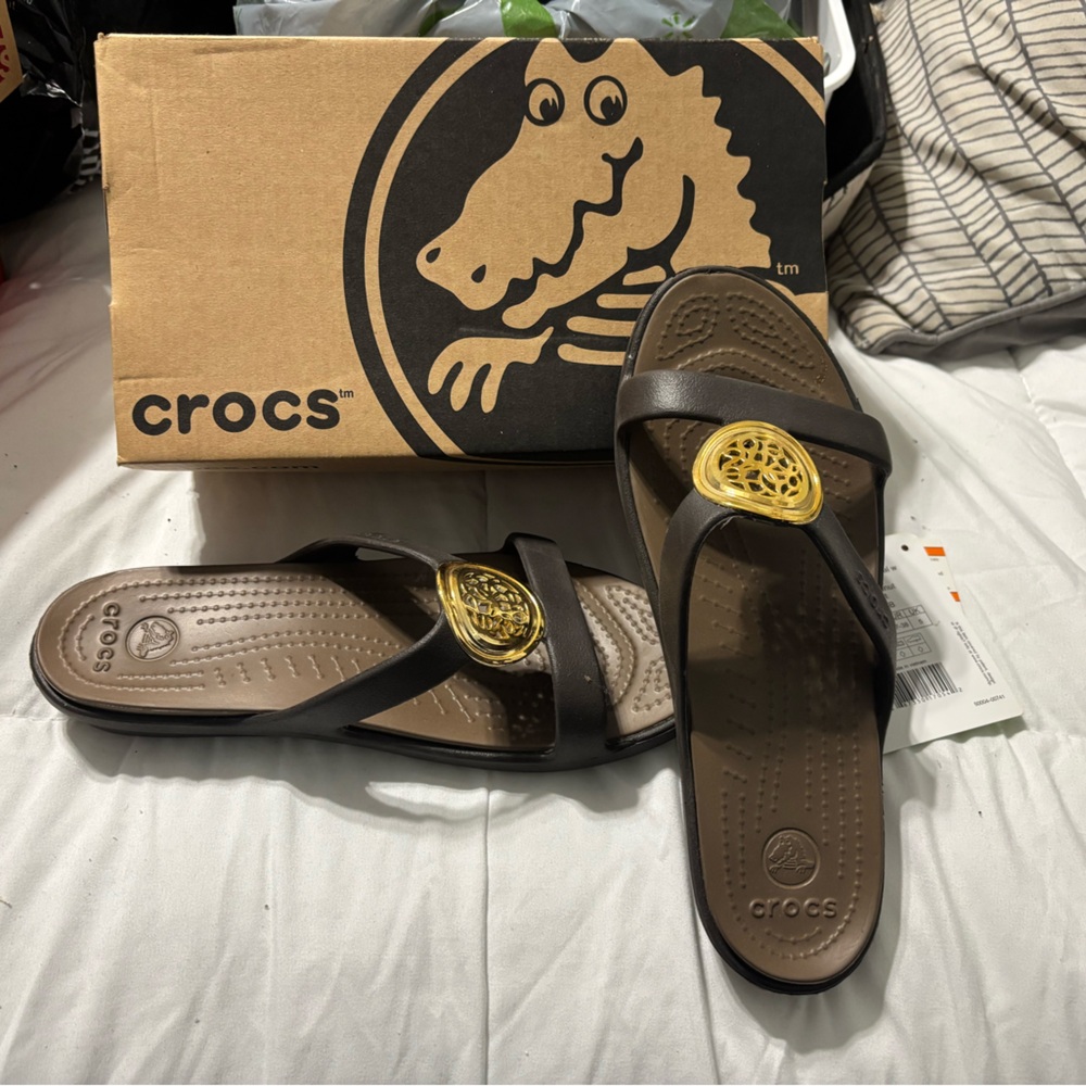 CROCS Dark Brown Sandals with Gold Detail